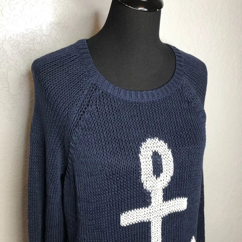 Wooden Ships navy white anchor nautical open knit sweater size Medium / Large ML - Picture 2 of 13